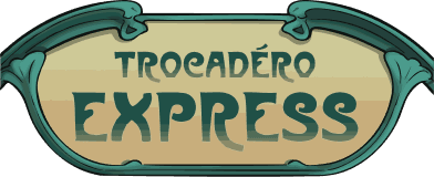  Trocadéro Express logo above a brown vintage-style "Train des Étoiles" roller coaster car. 