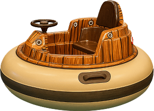 Classic wooden-style bumper car featuring a steering wheel and cushioned bumpers