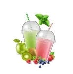 Cartoon-style fresh juice drink with kiwi and strawberry, mint leaves, and berries in the background