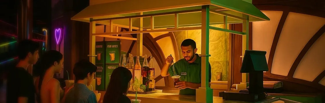 Colorfully lit beverages kart with staff serving customers at Trocadero