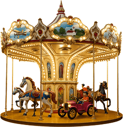 Vintage carousel ride with glowing lights and colorful painted horses in a theme park
