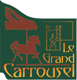 Le Grand Carrousel logo featuring a carousel horse under a striped canopy on a dark green background