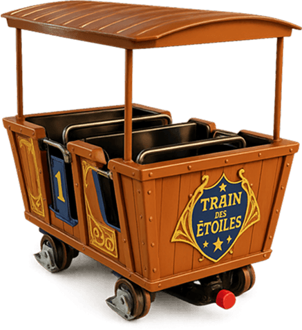 Trocadéro Express logo above a brown vintage-style "Train des Étoiles" roller coaster car. 