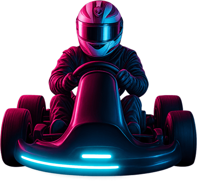 A rider in full racing gear and helmet driving a neon go-kart