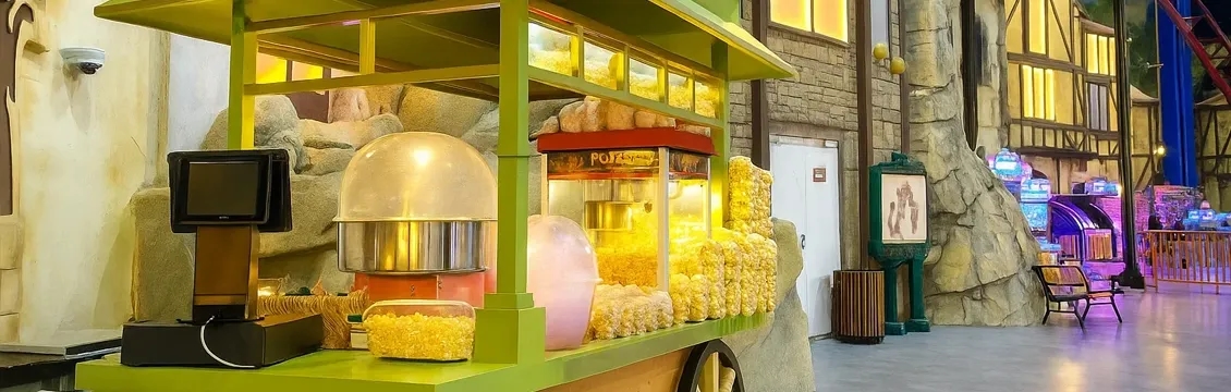 Bright green popcorn kart stall inside Trocadero theme park