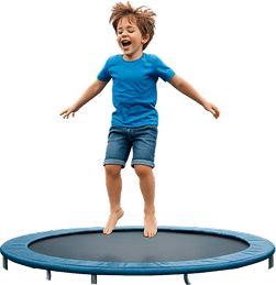 Child jumping on a trampoline in a blue t-shirt in a play area