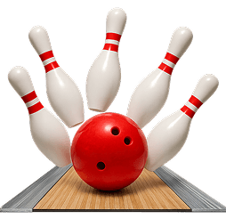 A bright red bowling ball striking five white pins with red stripes on a wooden lane