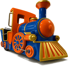 A colorful toy train with orange and blue hues is shown beneath a sign reading Monde Express.
