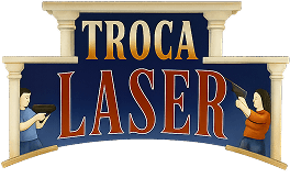 Troca Laser logo with two figures aiming lasers