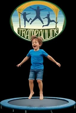 Trampauline logo above a young boy jumping on a small blue trampoline.