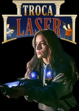 A woman holding a laser tag gun stands under the words "Troca Laser," while neon blue lights glow on her gear. 