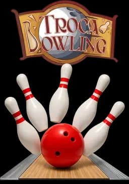 Troca Bowling logo above a red bowling ball striking white pins