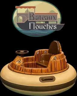 A wooden-themed bumper car with a steering wheel sits below a "Bateaux Mouches" logo featuring a boat on water. 
