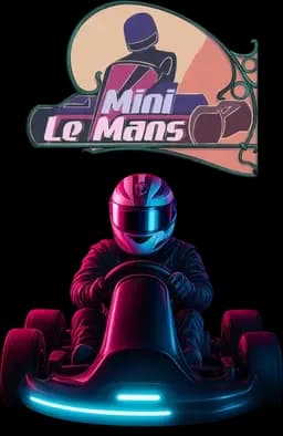 A neon-lit go-kart racer in a helmet at the bottom with "Mini Le Mans" logo above featuring a stylized driver