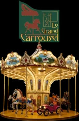 Carousel with ornate horses and a red vintage car on a black background. Sign reads "Le Grand Carrousel" in French.