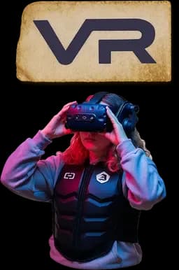 Person playing Hologate virtual reality shooting game inside immersive VR gaming zone with neon lights