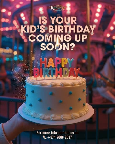 Birthday cake with colorful Happy Birthday candles at Trocadero amusement park