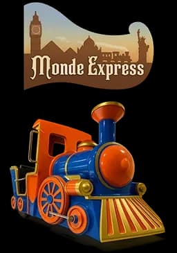 A colorful toy train with orange and blue hues is shown beneath a sign reading Monde Express.