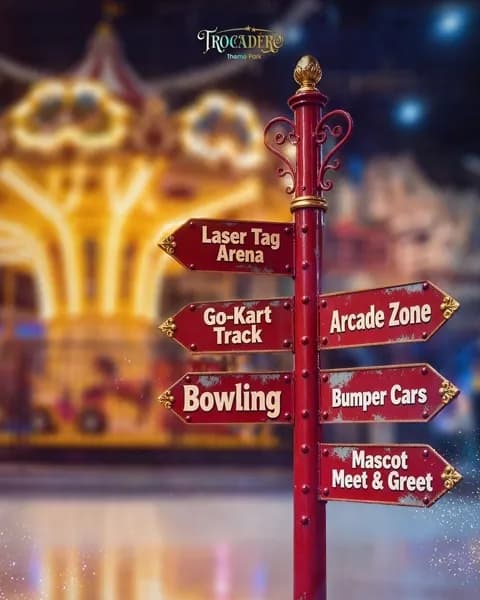 Directional sign showing attractions like laser tag arena, go kart track, arcade zone, bowling, and bumper cars at Trocadero Theme Park
