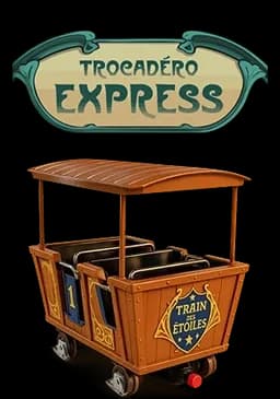  Trocadéro Express logo above a brown vintage-style "Train des Étoiles" roller coaster car. 
